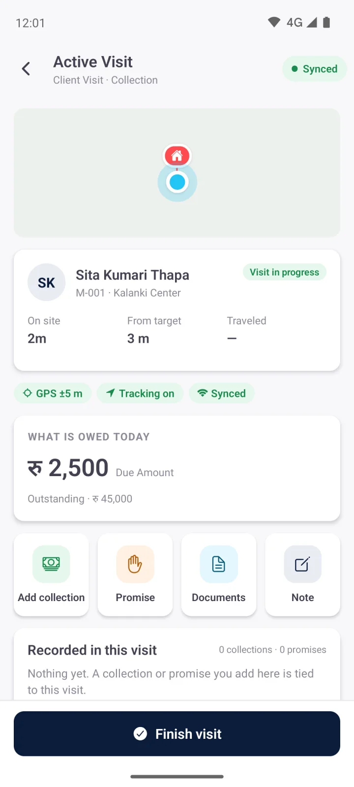 FieldArc officer app active visit screen with location status and what is owed today.