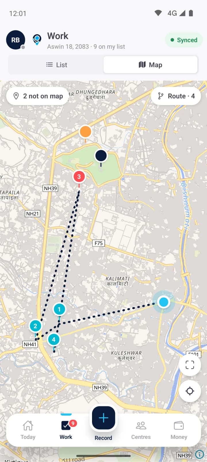 FieldArc officer app map with numbered visit stops in order.