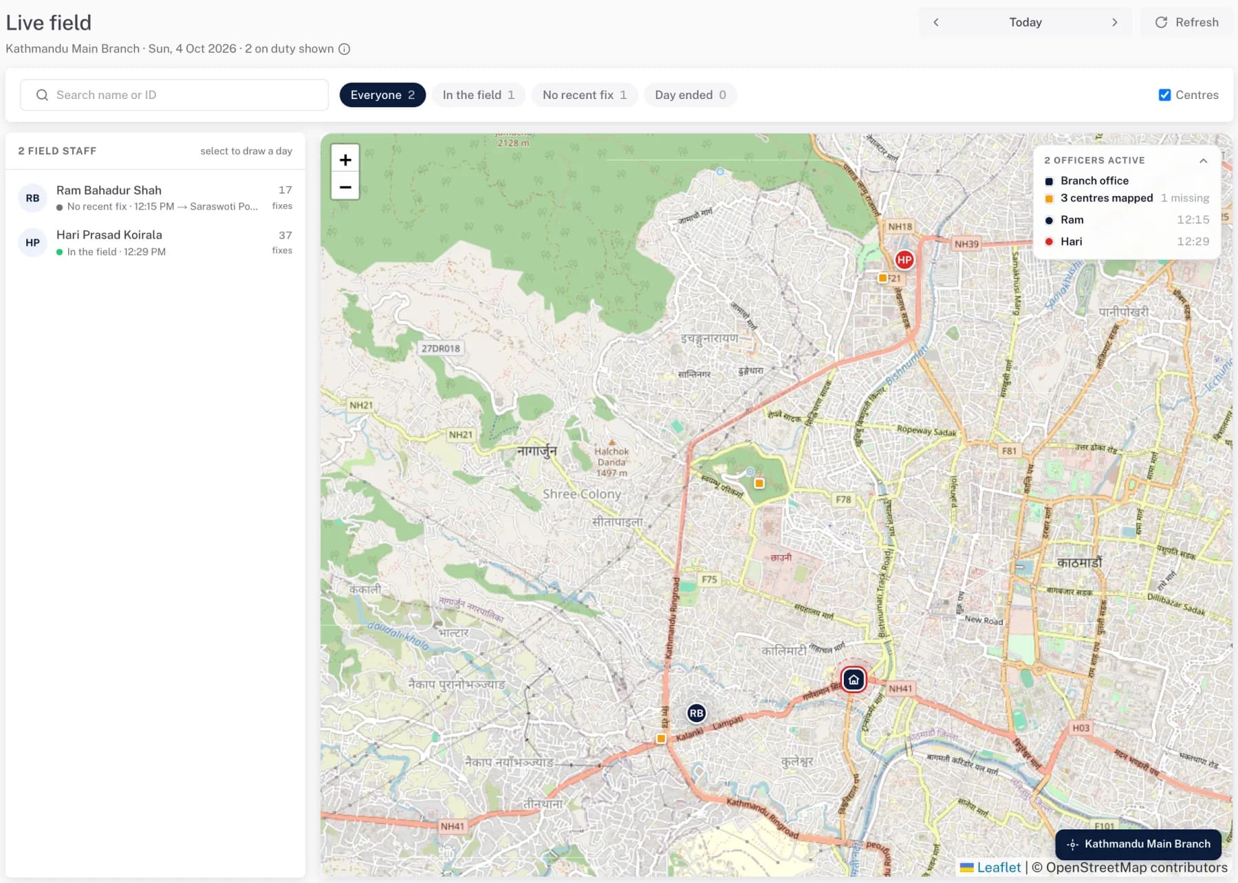 FieldArc live field map showing field officers' last reported positions and mapped centres around the branch.